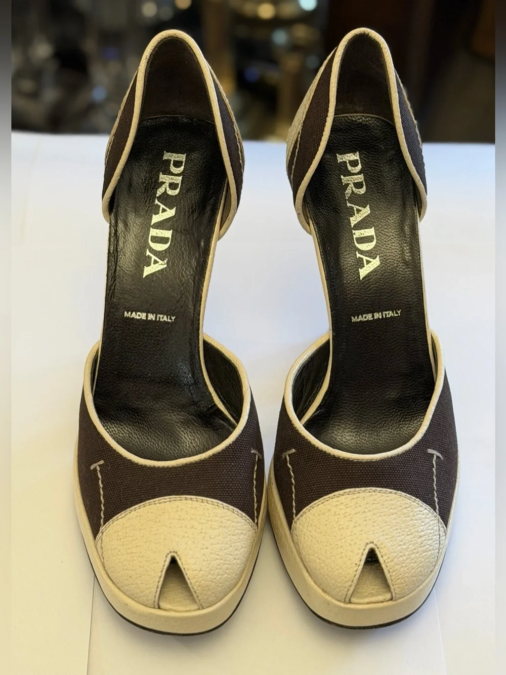 Vintage Prada brown/cream colorblock canvas & leather peep-toe pumps Size 36